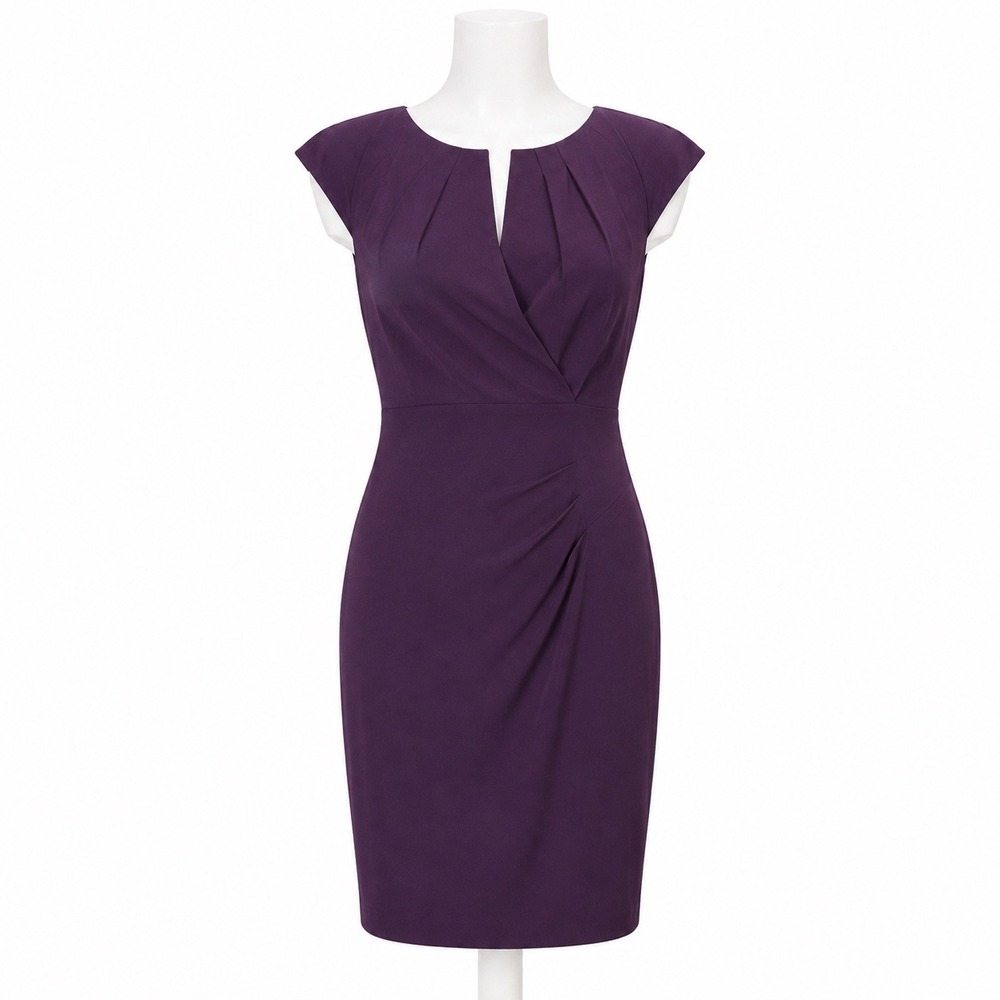 Adrianna Papell Sheath Dress Women 4 Purple Pleated Cap Sleeve Ruched Wedding